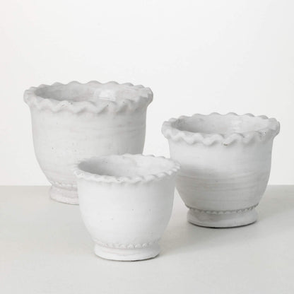 Set of 3 Round "Ruffle" White Terracotta Pots - Rustike Home