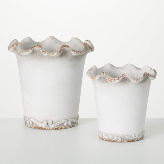 Set of 2 Round "Adena" White Ruffled Pots - Rustike Home