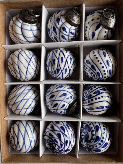 Blue and White Ceramic Balls Christmas Ornaments Set of 12 - Rustike Home