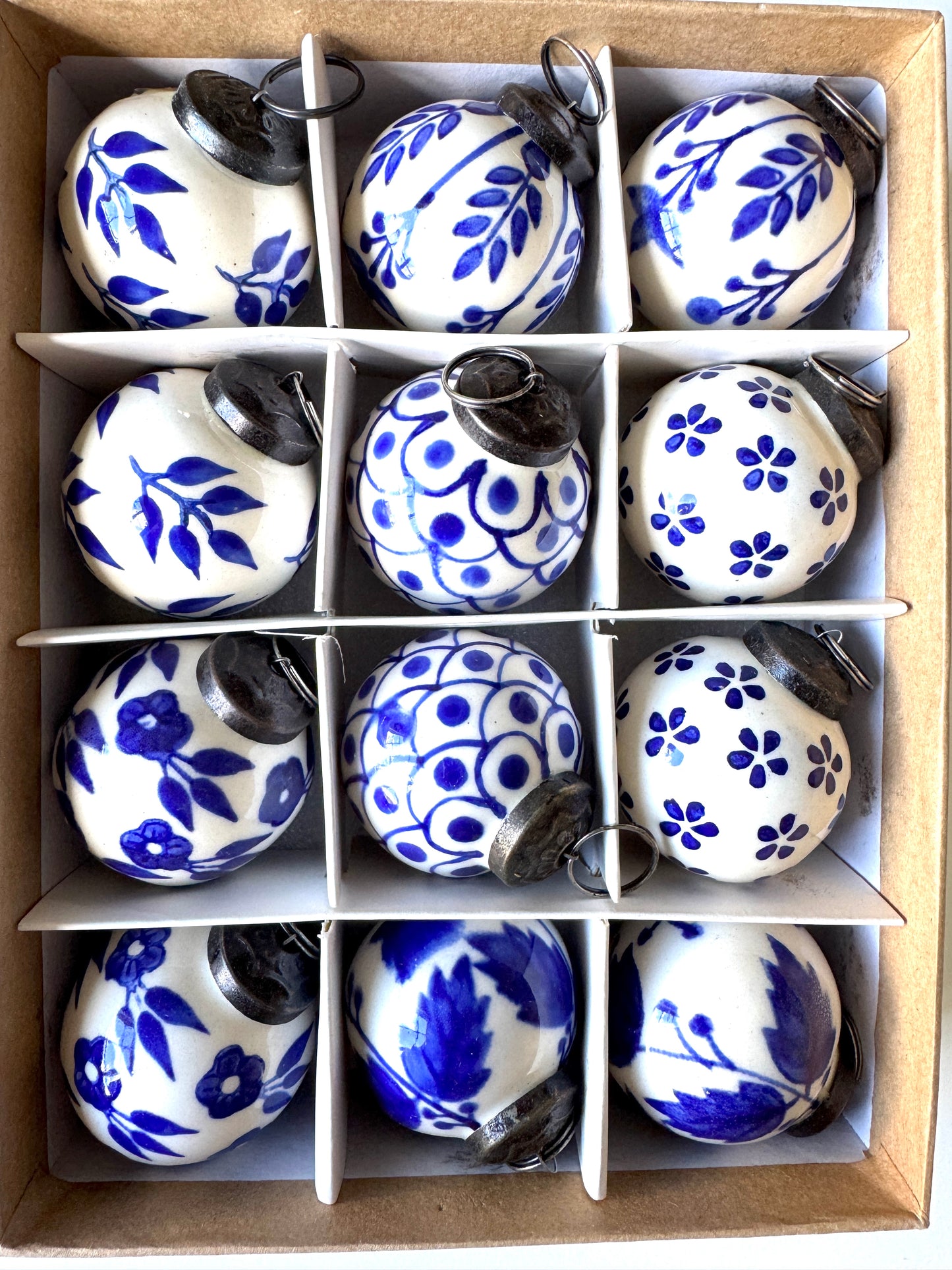 Blue and White Ceramic Balls Christmas Ornaments Set of 12 Flowers & Leaves