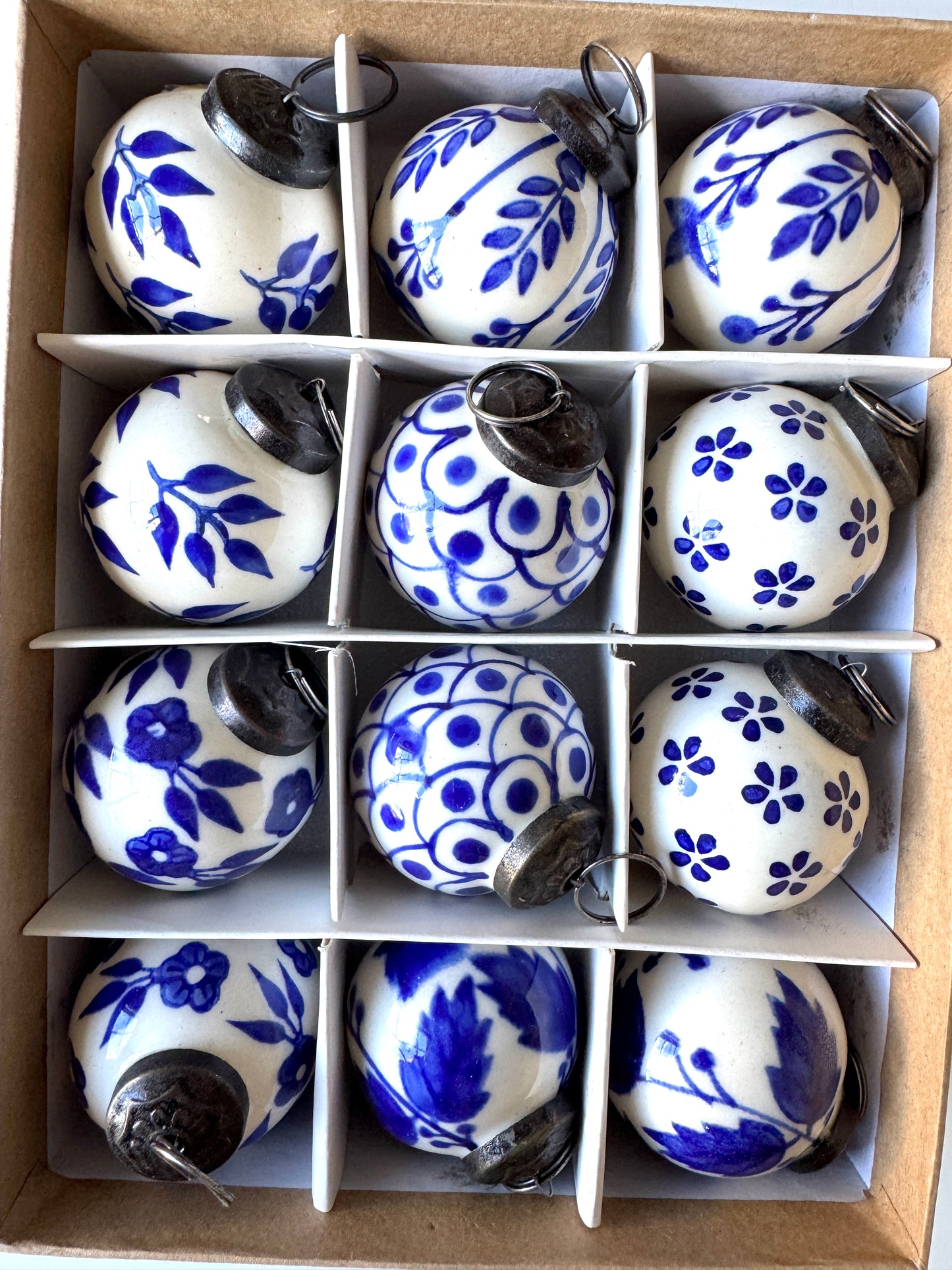 Blue and White Ceramic Balls Christmas Ornaments Set of 12 Flowers & Leaves