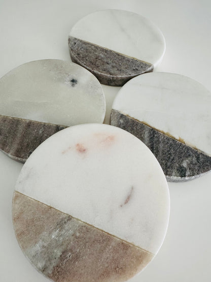 Two Tones White-Brown Marble Round Coasters, Set of 4