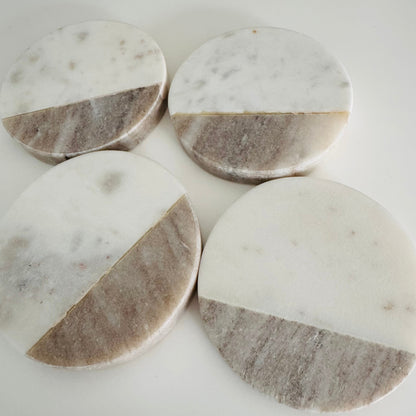 Two Tones White-Brown Marble Round Coasters, Set of 4