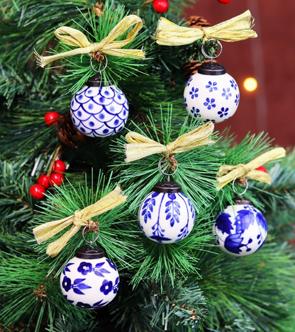 Blue and White Ceramic Balls Christmas Ornaments Set of 12 Flowers & Leaves