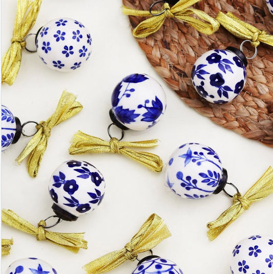 Blue and White Ceramic Balls Christmas Ornaments Set of 12 Flowers & Leaves