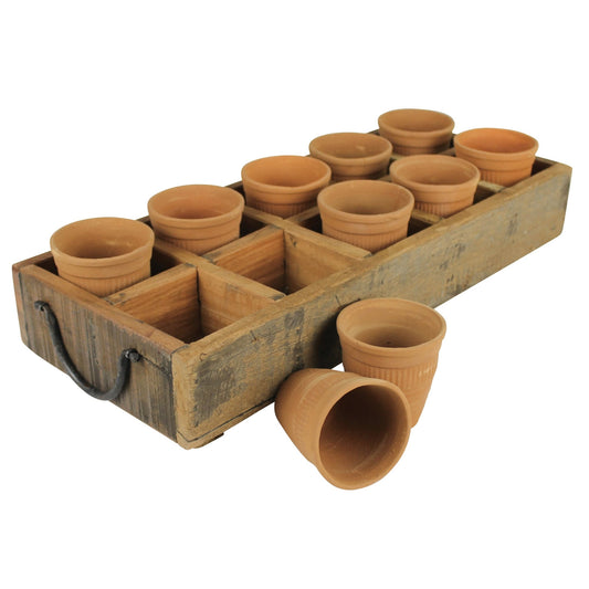 Rustic Wood Caddy Tray with Round Terracotta Orange Pots | Planter Pot for Plants and Home Decor - Rustike Home