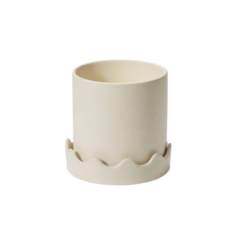 Round White Yellow "Scalloped" Planter Pot with Saucer for Plants and Home Decor - Rustike Home