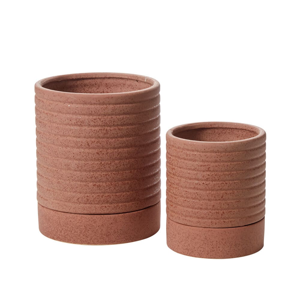 Brown Terracotta "Ribbed" Planter Pot with Saucer for Plants and Home Decor - Rustike Home